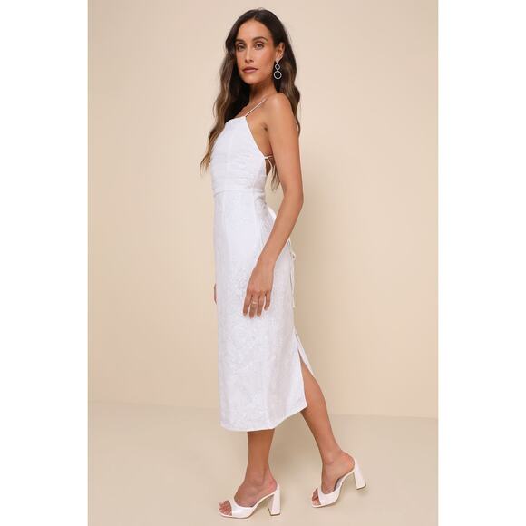 Lulus NWT Celebratory Beauty White Mesh Embroidered Sequin Lace-Up Midi Dress - Picture 2 of 10